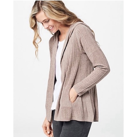 NWT Barefoot Dreams Namaste Rib Hooded Cardigan Open Front Warm Taupe XS - Picture 2 of 9